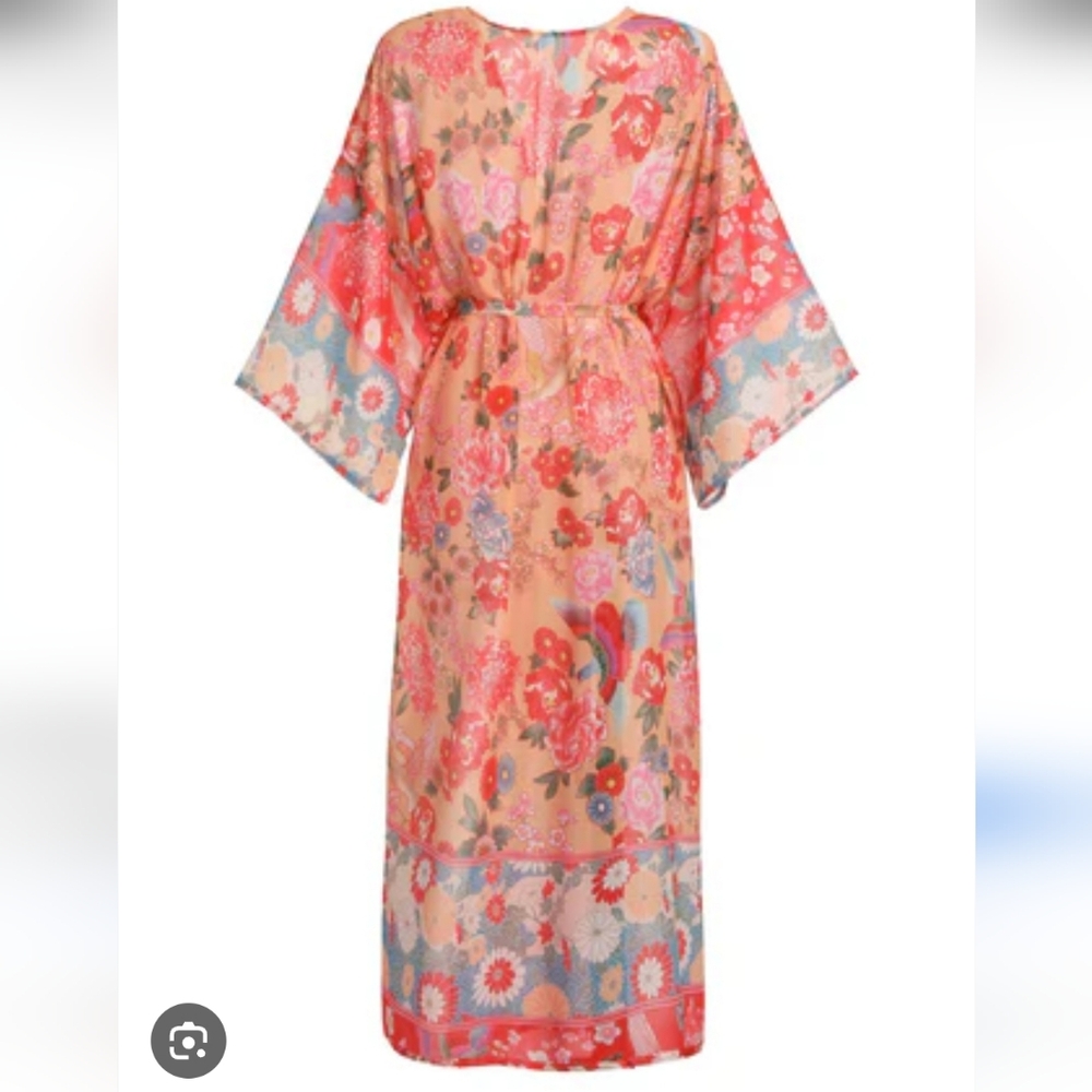 Floral Duster Length Robe Kimono Bathing Suit Cover Up Open Front Belted One Sz